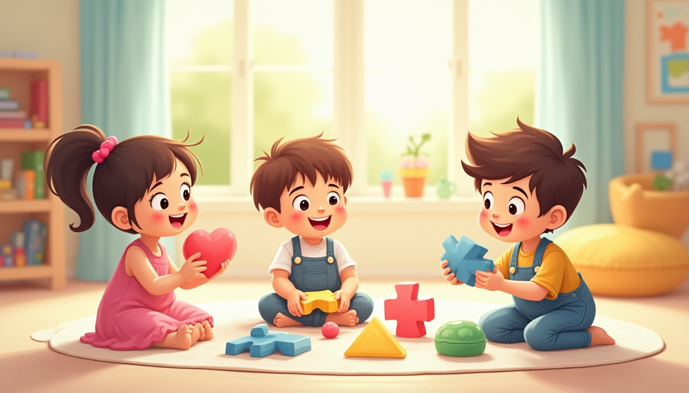 اطفال يلعبون بألعاب تعليمية مع أحد الوالدين على طاولة دراسة تحتوي على أدوات مكتبية مثل مقص، أقلام تلوين، وأقلام تعليمية