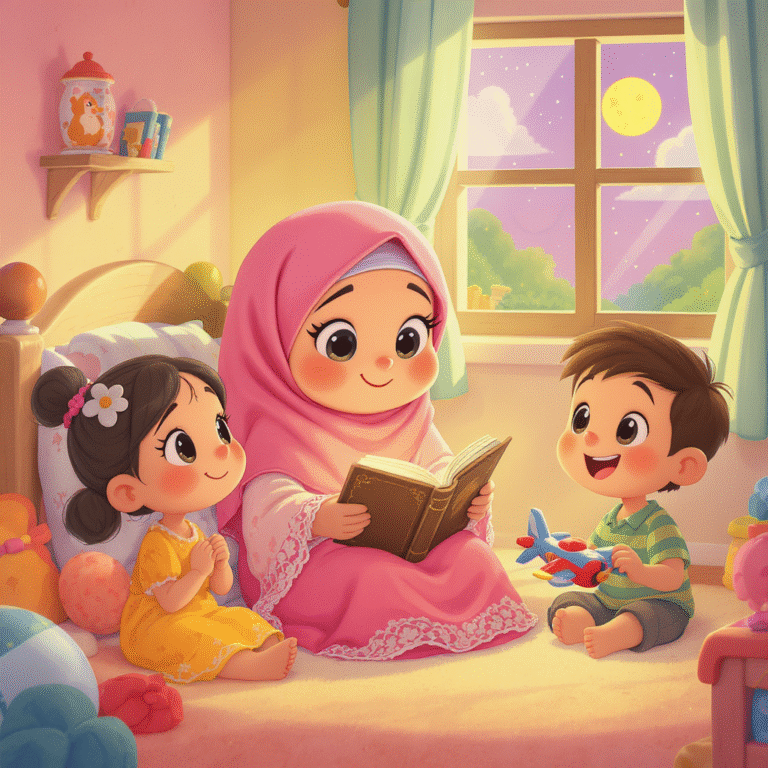 طفل يرتدي خوذة فضاء ويشير بإصبعه نحو القمر، محاط بكواكب وأضواء سحرية تنبثق من كتاب مفتوح العقول الصغيرة