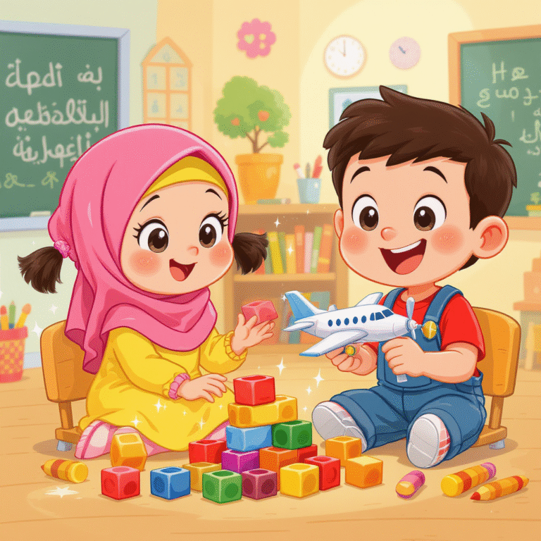 ألعاب تفاعلية لتنمية مهارات الأطفال في سنوات ما قبل المدرسة - طفلان يجلسان على طاولة ويلعبان بأشكال هندسية ملونة، خلفهما رفوف تحتوي على كتب وألعاب.