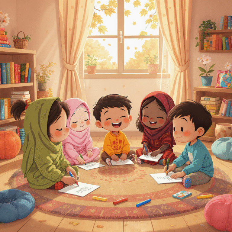 الذكاء العاطفي في الطفولة: بناء أسس قوية في سنوات ما قبل المدرسة شخص بالغ وطفل يجلسان على الأرض ويلعبان بألعاب بناء ملونة، ويقومان بتبادل التحية العالية. خلفهما رفوف تحتوي على كتب وزخارف.