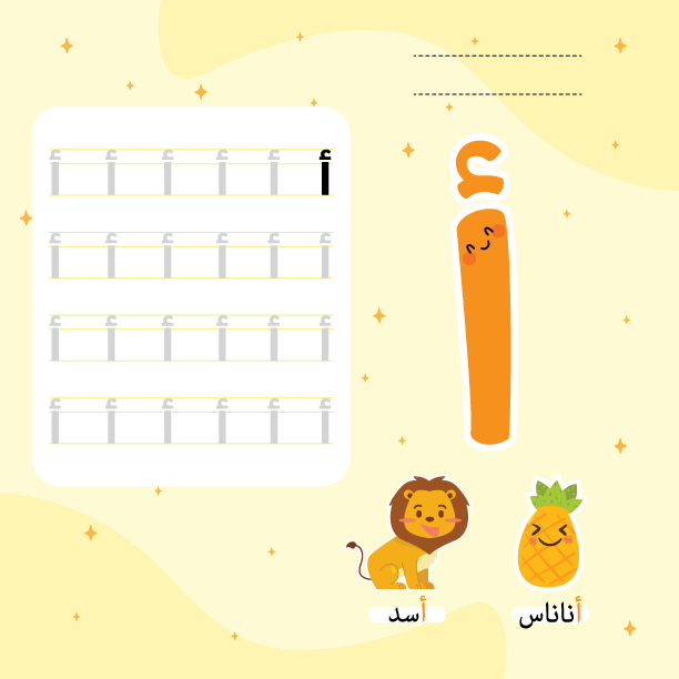 مخطط يعرض الحروف العربية والكلمات المصاحبة لها مع الصور المقابلة لأناناس وأذن وإبريق.